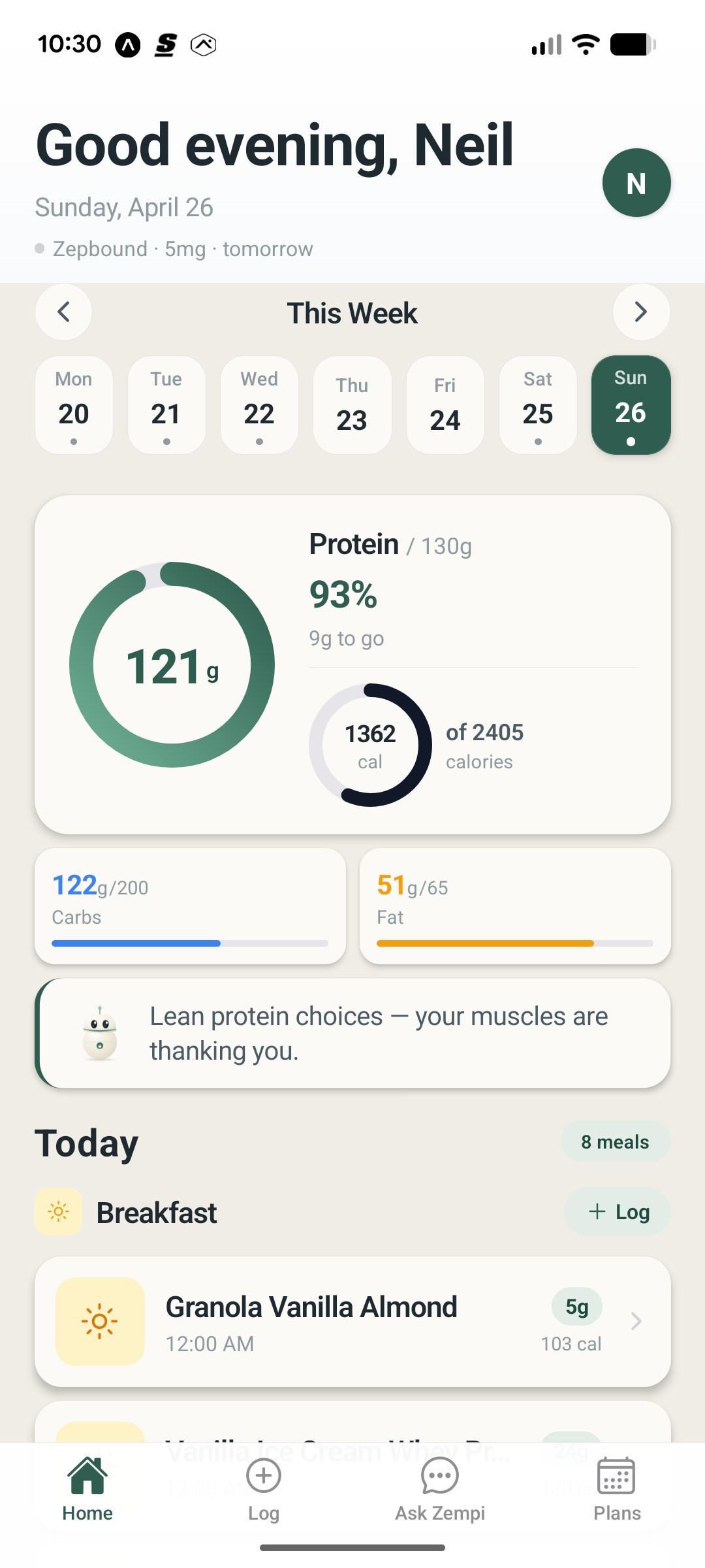 Zempi home screen — protein tracking dashboard