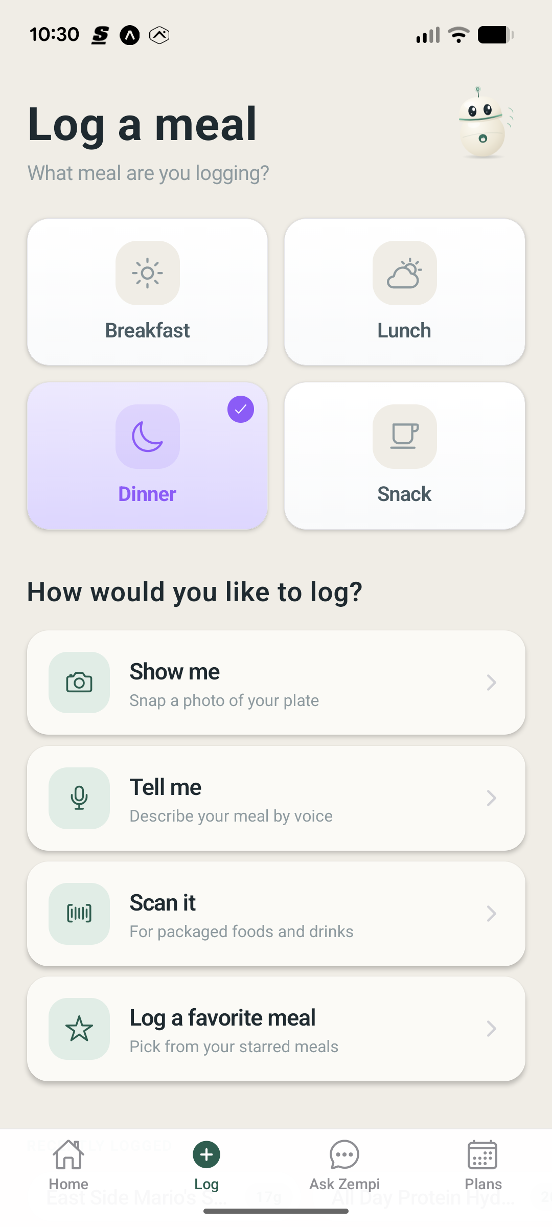 Zempi log a meal screen
